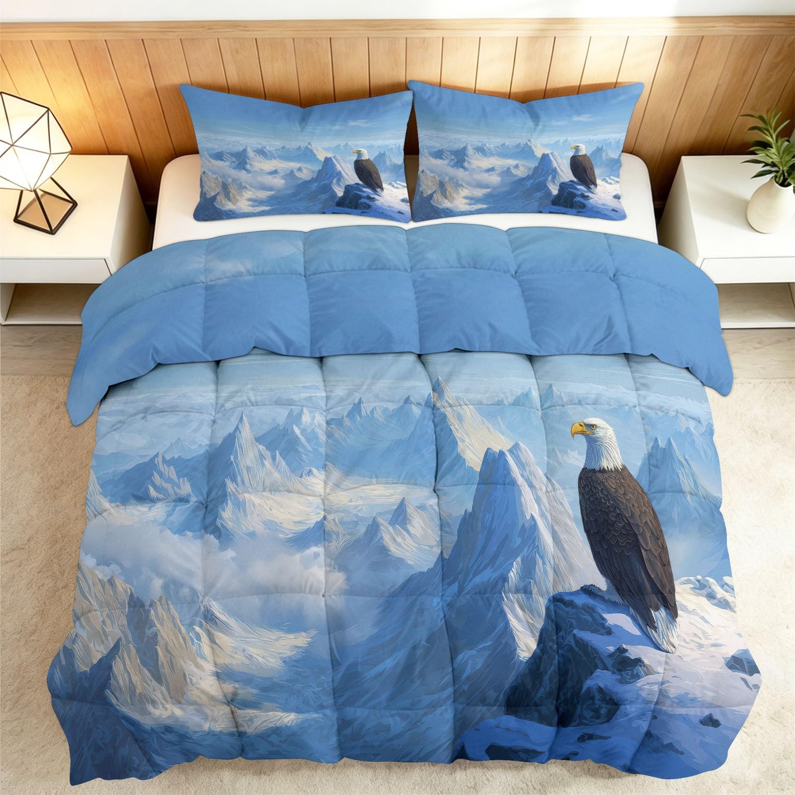 Generico Trapunta 150x200cm Montagne Blu Innevate Aquile Piumino 4 Stagioni Stampa Double Face Ultra morbido, Coperta Letto Invernale Lavabile, Piumone per Bambini Adulti con 2 Federa