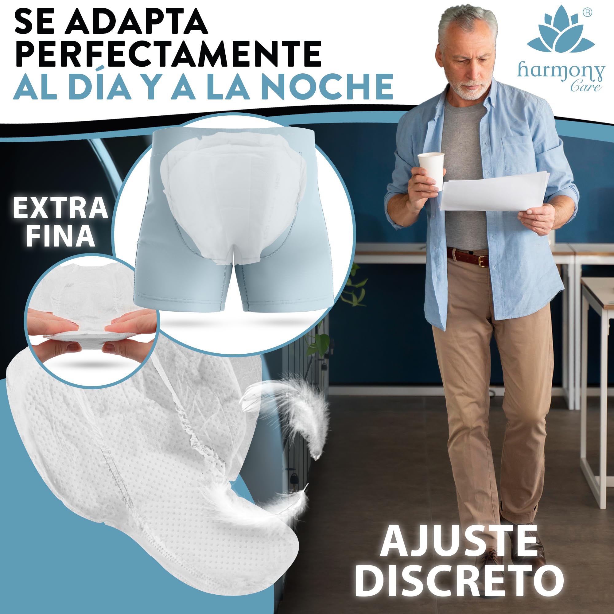 Harmony Care® Men - Compresas de incontinencia súper absorbentes para hombres leve a moderada - Discretas compresas para hombres en caso de incontinencia - 120 unidades