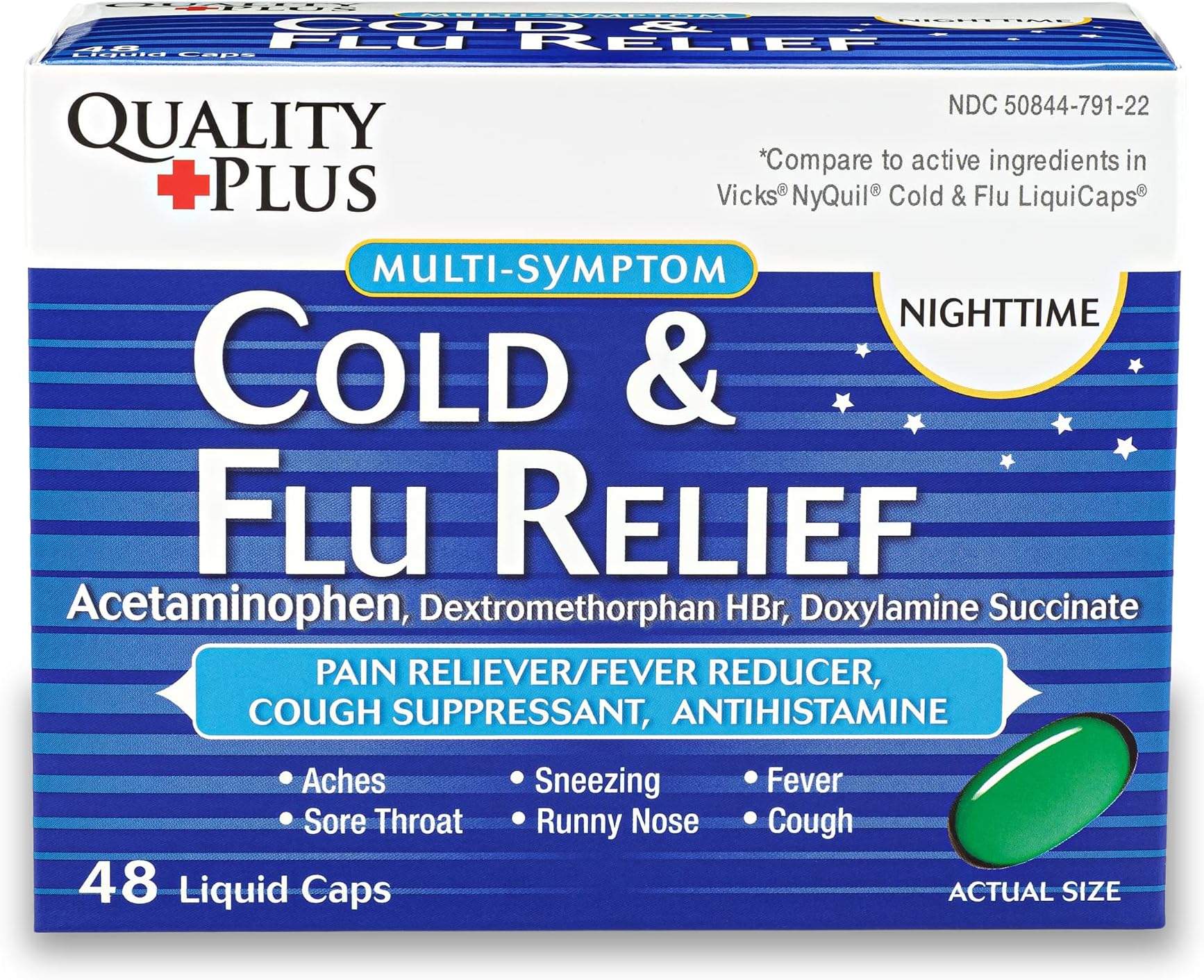 Quality Plus Cold and Flu Relief | Nighttime Pain Reliever, Fever Reducer, Cough Suppressant | Sore Throat, Runny Nose, Sneezing & Aches | 48 Liquid Caps 48 Count (Pack of 1)