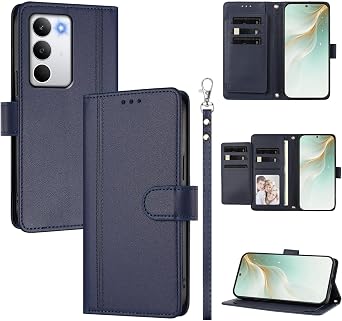 Compatible with Oppo Reno12 5G Flip-Kickstand-Magnetic Dual-Slot Lanyard Case Blue