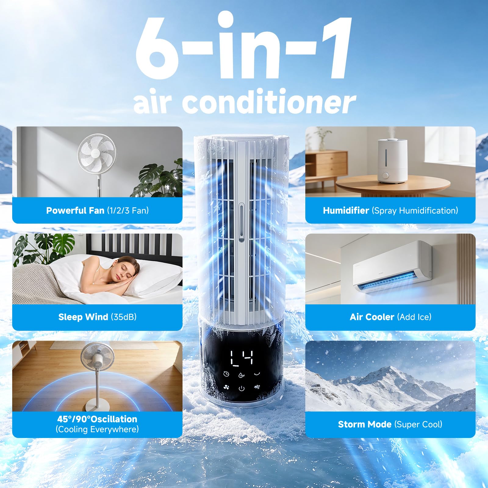 Climatiseur portable, 3 vitesses, mode tempête, oscillation 45/90°, minuterie 8h, 1 blocs réfrigérants, réservoir amovible, idéal maison, bureau et camping-cars（Blanc）