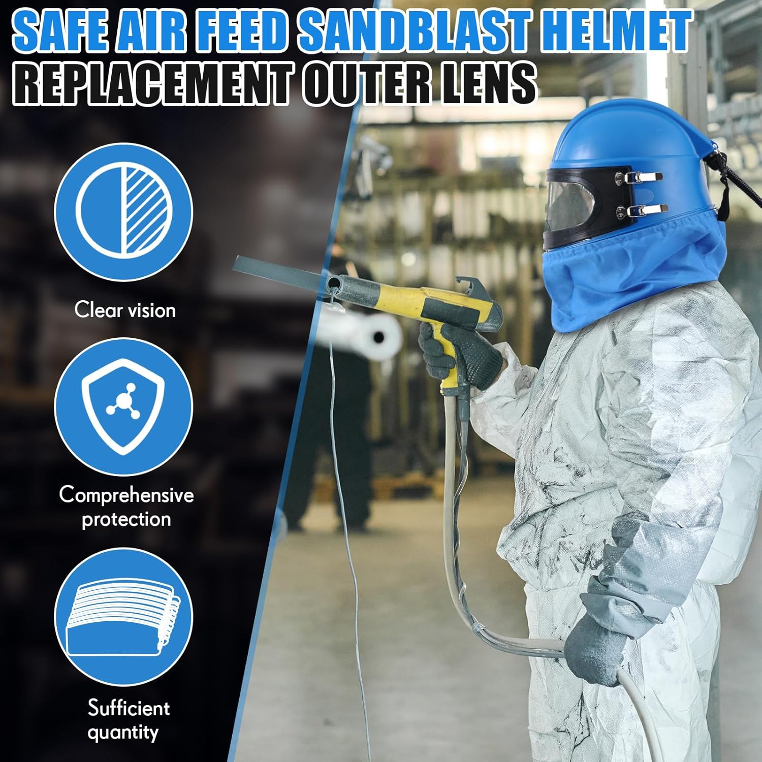 Kingdder 10 Pcs Sandblasting Hood Replacement Outer Lens Air Feed Sandblast Helmet Visors Clear PVC Film Protective Lens Cover Protector for Blue Sandblasting Equipped
