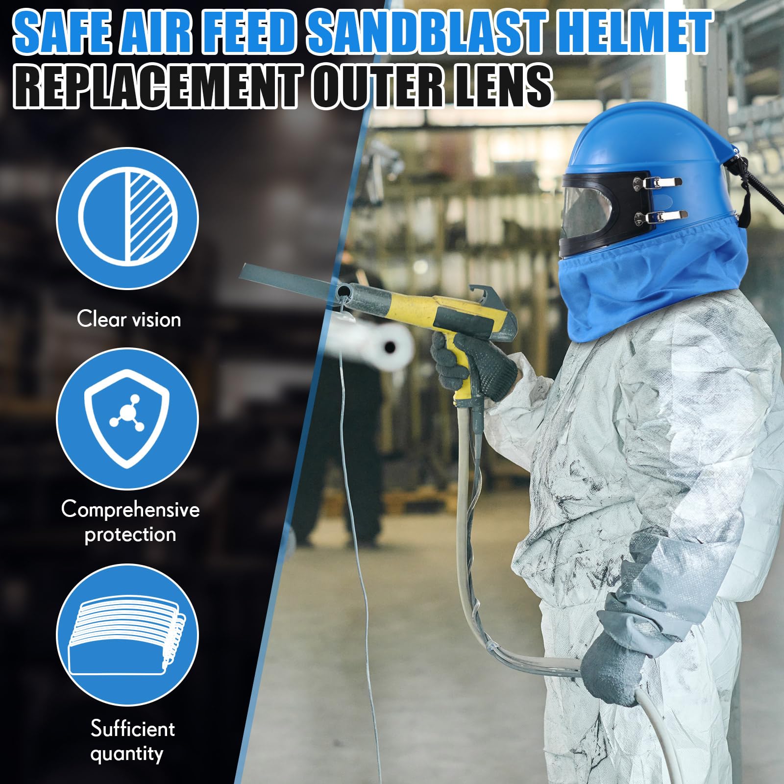 Kingdder 20 Stück Sandstrahlhaube Ersatz Außenlinse Air Feed Sandstrahl Helm Visiere Klare PVC-Folie Schutzlinsenschutz für blaues Sandstrahlen ausgestattet
