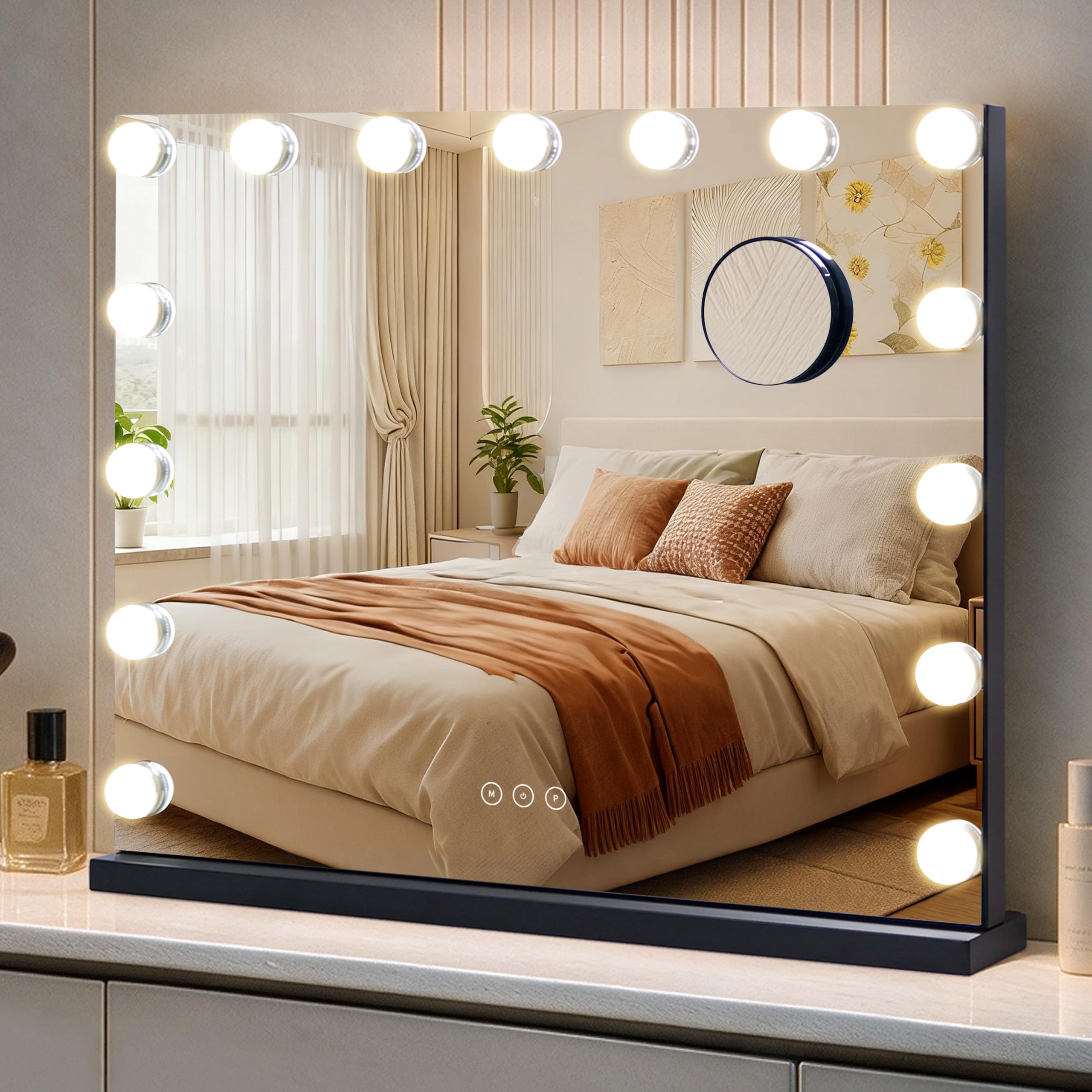 Vanity Mirror with Lights Lighted Makeup Mirror with 15 Dimmable LED Bulbs,3 Color Lighting Modes,USB Charging Port Touch Control,Sturdy Metal Frame Design 22.8x18 Inch,Black