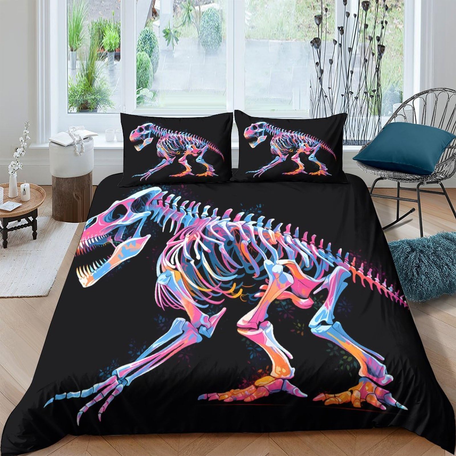 Ctjqhvkz Style-10 3D Printed Colorful Dinosaur Skeleton Fitted Sheet Microfiber Soft Bed Cover For Bedroom Dorm Mattress Protection Decor Single（135X200cm）