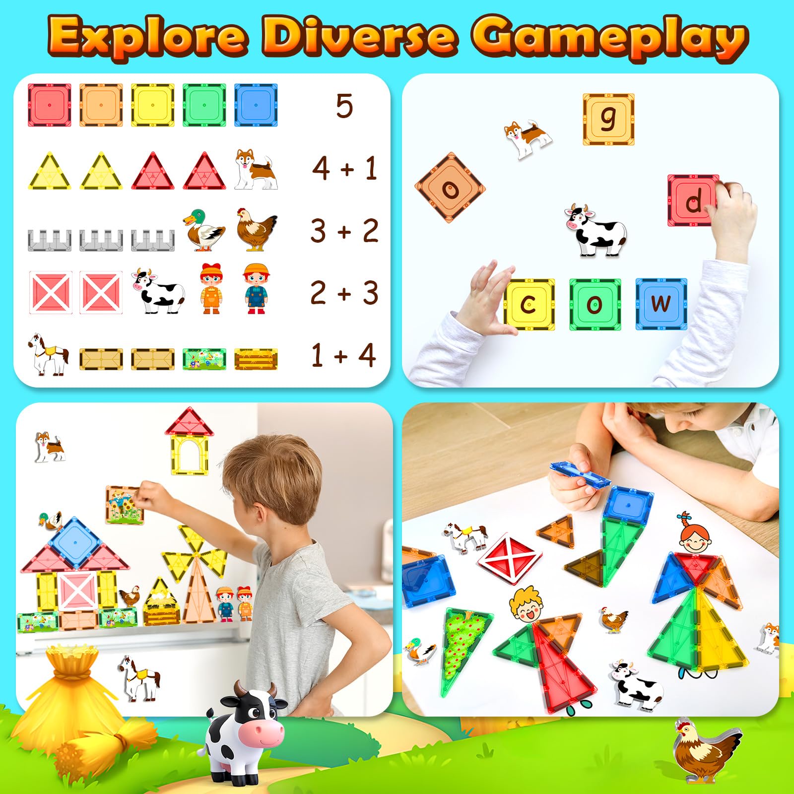 Magnetic Tiles Farm Animals Set, Immersive Storytelling Building Blocks for Toddlers 3-5, 3D Farm House STEM Toys with UV-Printed Realistic Animals, Compatible with All Major Brands