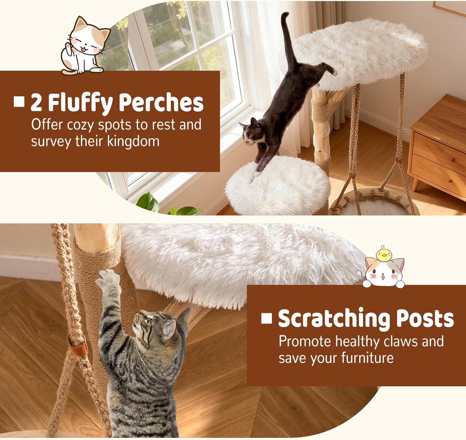 PETSITE 48.5 Inches Wood Cat Tree, Multi-Level White Modern Cat Tree with Hanging Basket, Solid Natural Peer Wood Post Wrapped with Jute Ropes, Soft Long Plush Covered Perches and Base
