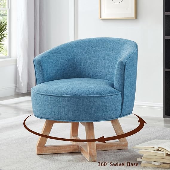 360Swivel Accent Chair, Farmhouse Retro Dressing Chair, Linen Fabric Upholstered Reading Chair with Wood Base, Bucket Chair for Living Room, Bedroom, Office, Dresser (Blue)