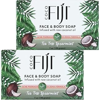 Coco Fiji Soap Bar for Face and Body Infused With Organic Coconut Oil, Tea Tree Spearmint, Essential Oil, Natural Soap for Moisturizing & Pore Purifying Skin, 7 oz,Pack of 2
