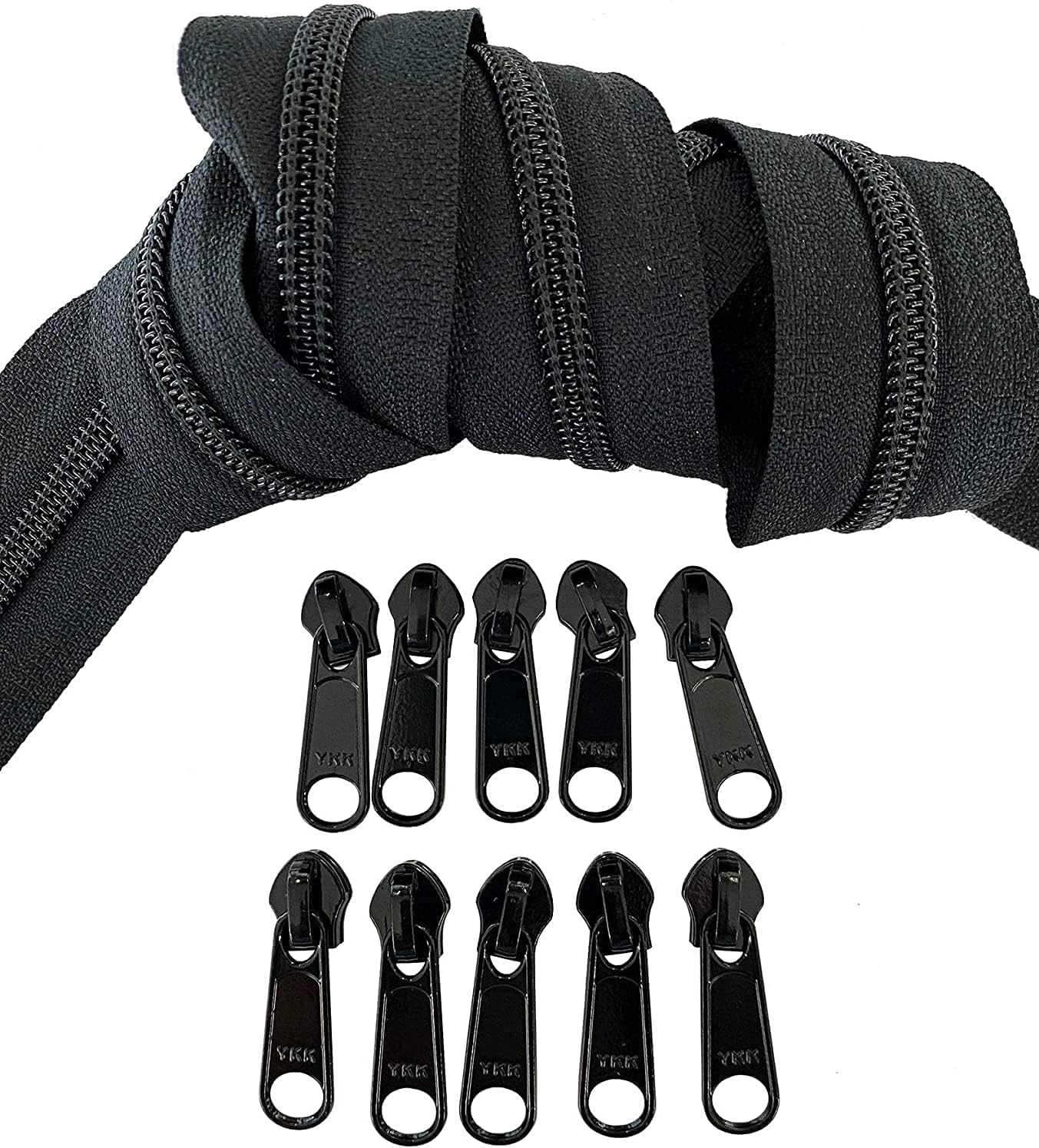 #5 YKK Continuous Nylon Coil Zipper Chain - Includes #5 Non-Locking Long Pulls with Bottom Stops - Black - Choose Length - Made in USA (1 Yard & 2 Pulls)
