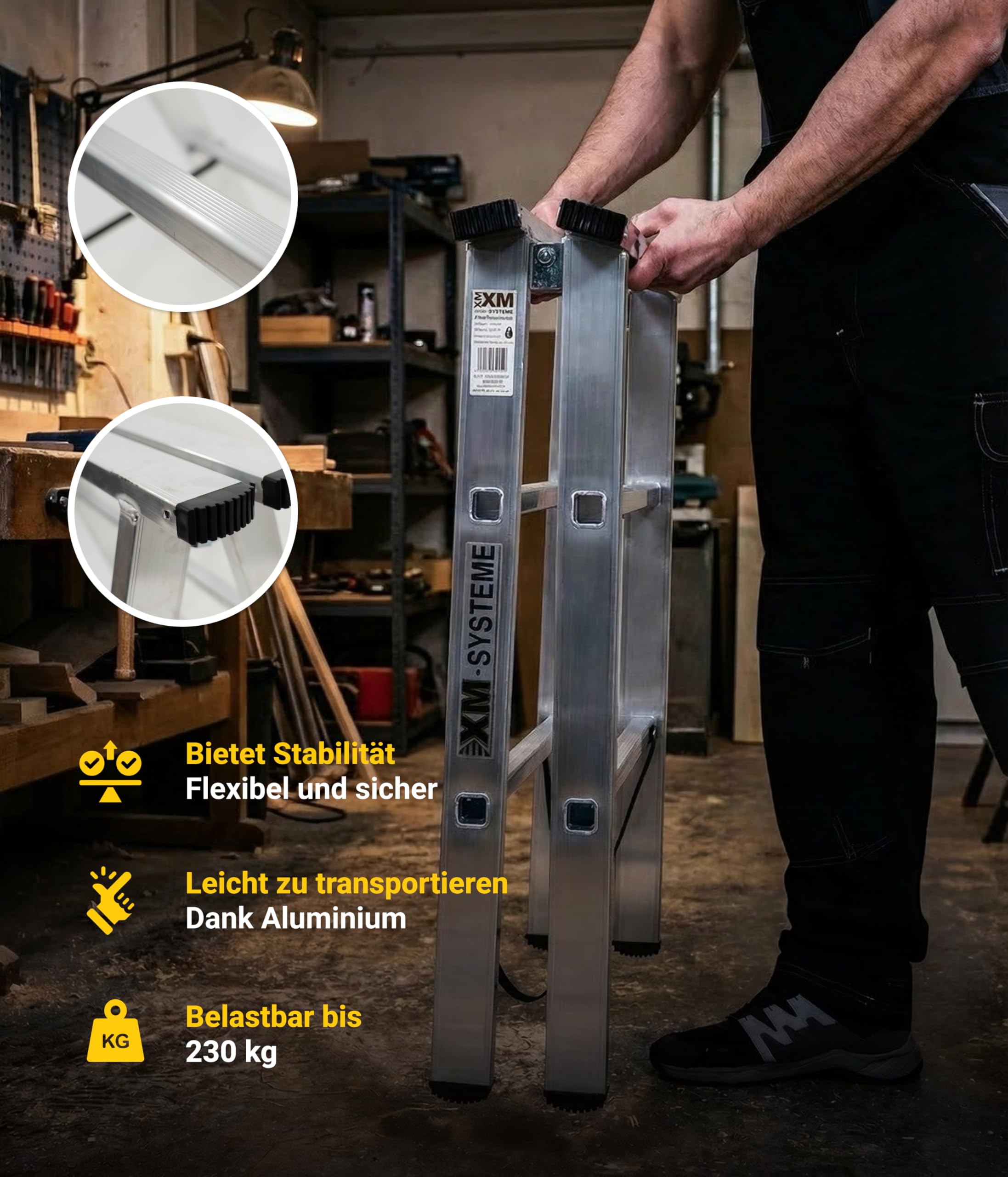Alu-Montagebock – Stabiler Aluminium-Arbeitsbock für extreme Belastbarkeit bis 230kg – 80cm hoch + 80 cm breit – Perfekt kombinierbar mit Teleskopdiele als flexibles Arbeitspodest