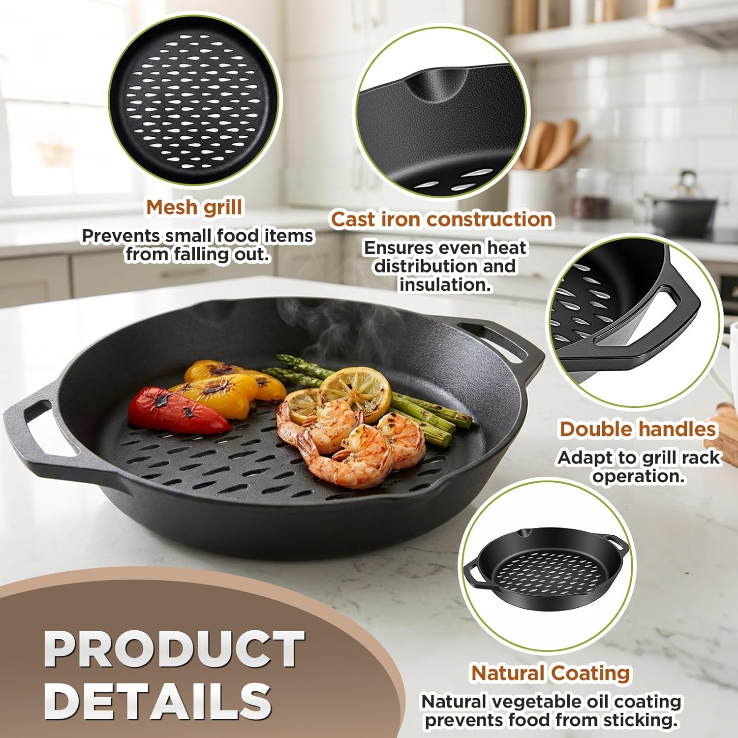 LemonRoad 2 Pcs Pre-seasoned Cast Iron Round Grilling Pan 12 Inch Cast Iron Round Grilling Topper Pan with Dual Handle to Protect Food from Falling Through The Grate Suit for Indoor and Outdoor