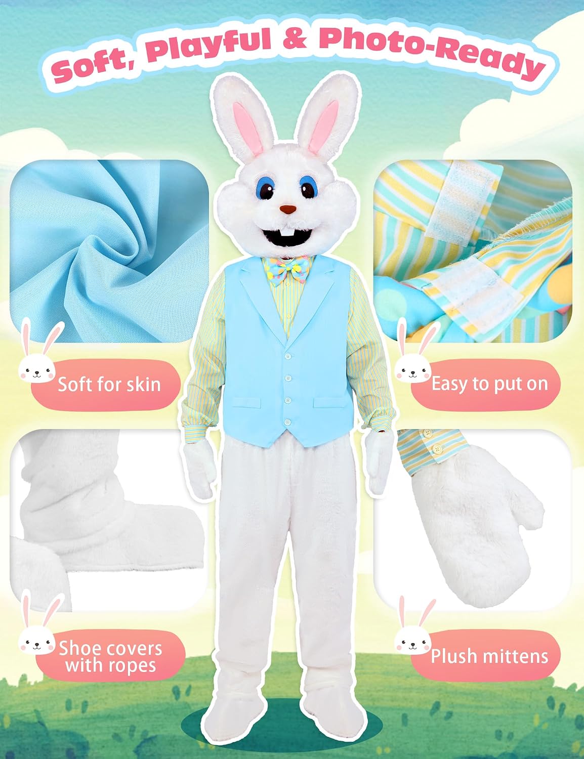 Easter Bunny Costume Adult 5 PCS Rabbit Mascot Outfit for Men Fancy Dress with Head for Easter Cosplay Parties