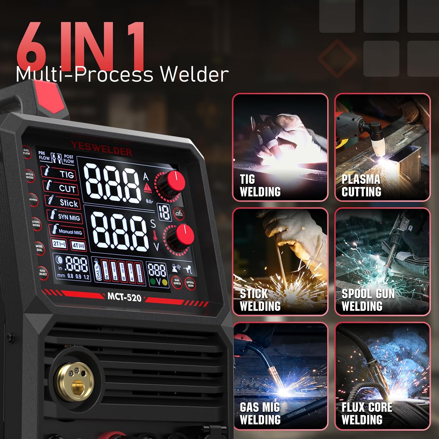 YESWELDER MCT-520 Welders Combo and Plasma Cutter, 6-In-1 MIG/Flux Core/CUT/TIG/Stick/Spool Gun Compatible, 200A MIG TIG Stick & 50A CUT, 110/220V Dual Voltage Multifunctional Welding Machine