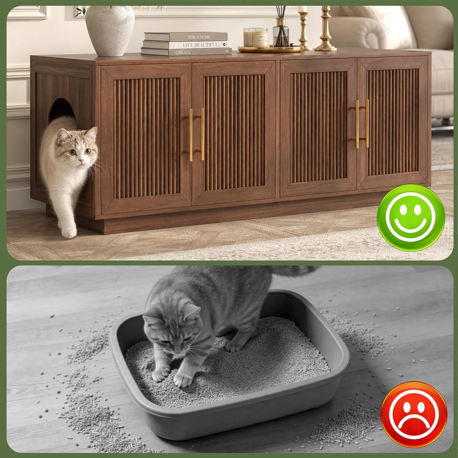 Fluted Cat Litter Box Enclosure, 47.2" Large Double Hidden Litter Box Furniture Cabinet for 2 Cats, Indoor Cat House, Modern End Table for Living Room, Entryway, Bedroom, Walnut