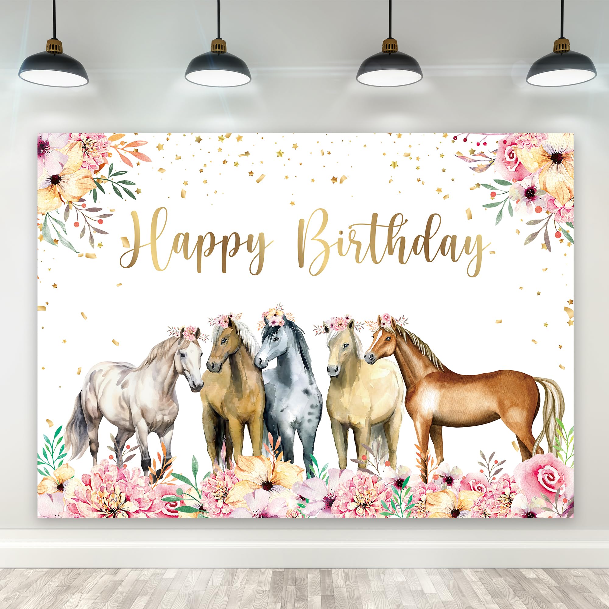 Riyidecor Horse Happy Birthday Backdrop Watercolor Florals 7Wx5H Feet Polyester Fabric Western Cowgirl Photography Background for Girls Women Princess