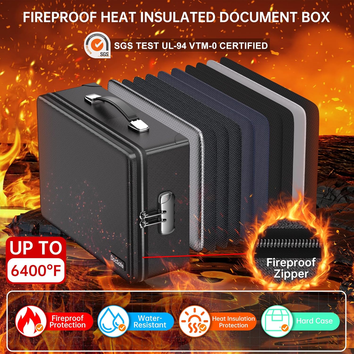 DocSafe 6400°F Fireproof Document Box with Lock,Heat Insulated Fireproof Water Resistant 10 Layers Hard Case Safe Box with Zipper＆Multi Pockets,Protects Personal Items,Documents,Laptop,Passport,Black