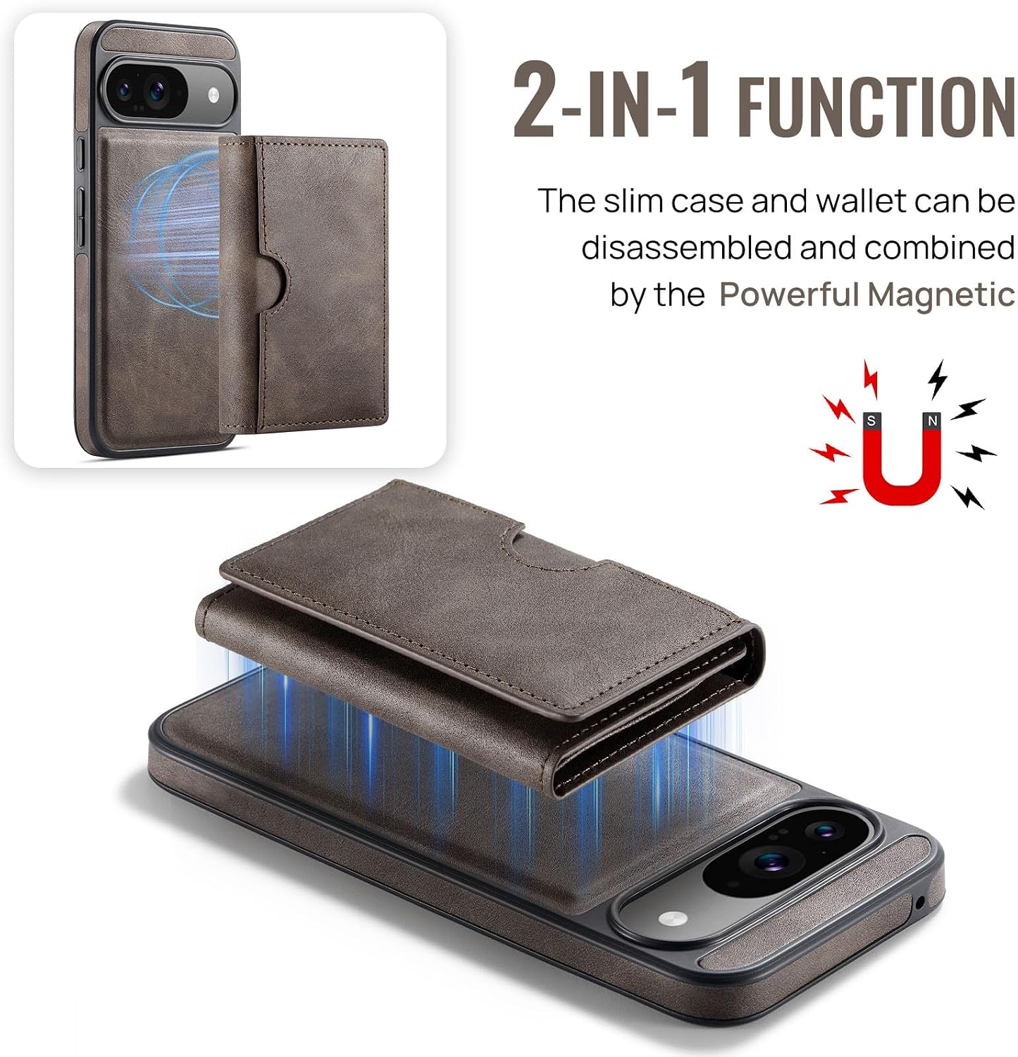 Asuwish Phone Case for Google Pixel 9/9 Pro 5G Wallet Magnetic Detachable Cell Cover with Wireless Charging and RFID Blocking Credit Card Holder Flip Stand Kickstand Pixel9 9Pro Nine Women Men Coffee