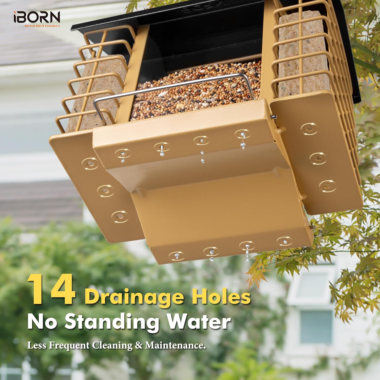 iBorn Bird Feeders for Outdoors,Bird Feeder with Double Suet Holders,Suet Feeder for Outside,Weatherproof Metal Roof,Easy to Refill&Clean,3.2 LBs Seed Capacity+2X Cakes,1 Pack,Black Roof & Yellow Grid