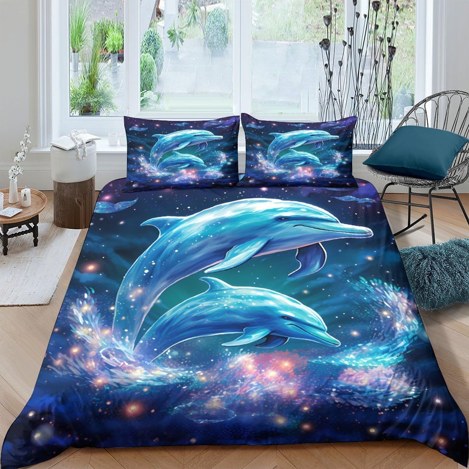 TUFRTGYHN 3D Printed Dolphin Ocean Duvet Cover Set Microfiber Soft Breathable Blue Bedding with 2 Pillowcases for Bedroom Single（135x200cm）
