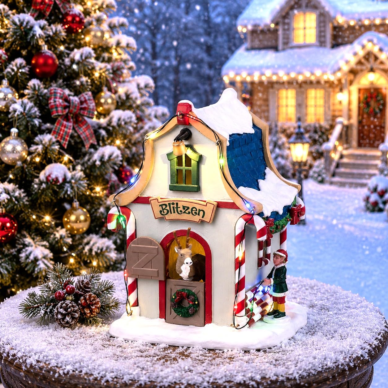 Lemax - Blitzen`s Den: Dekorative Bauernhaus-Skulptur aus Resin, Brown, Red, Green, für Indoor, Weihnachten, 2024, 4.00 x 3.54 x 5.2 inches