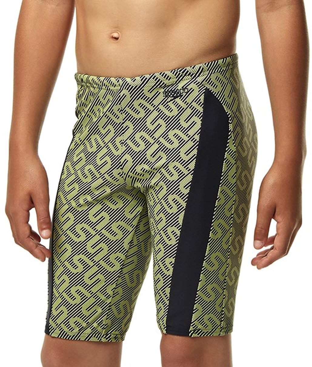 Speedo Boys Monogram Allover Jammer Swim Short, Navy Yellow, 4 Years