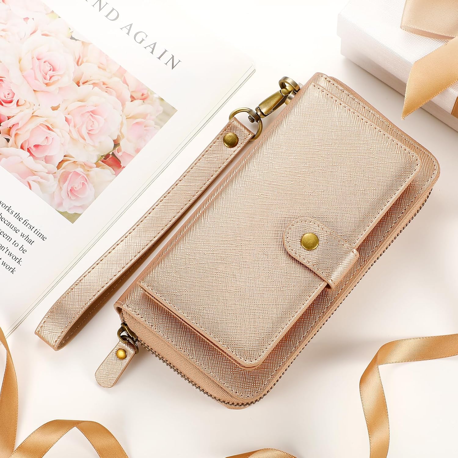 LITOU Compatible with Samsung Galaxy S26 Ultra Phone Case Wallet for Women Men,Detachable Magnetic,Card Holder,Wristlets Zipper Leather Flip Wallet Case.Rosegold