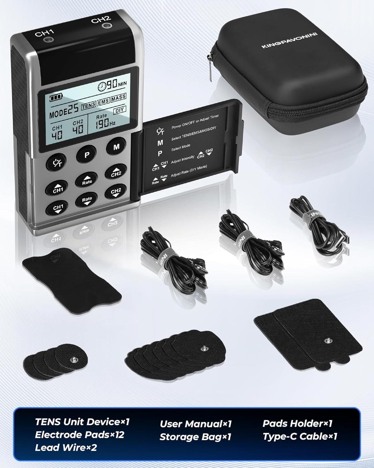 KingPavonini 4-IN-1 TENS Unit Muscle Stimulator, DIY & TENS & EMS & MASS, Dual-Channel 40 Intensities TENS Machine, Muscle Stimulator for Pain Relief Therapy Sciatica Back Pain, 12 Pads (Model: B2501) - Image 8