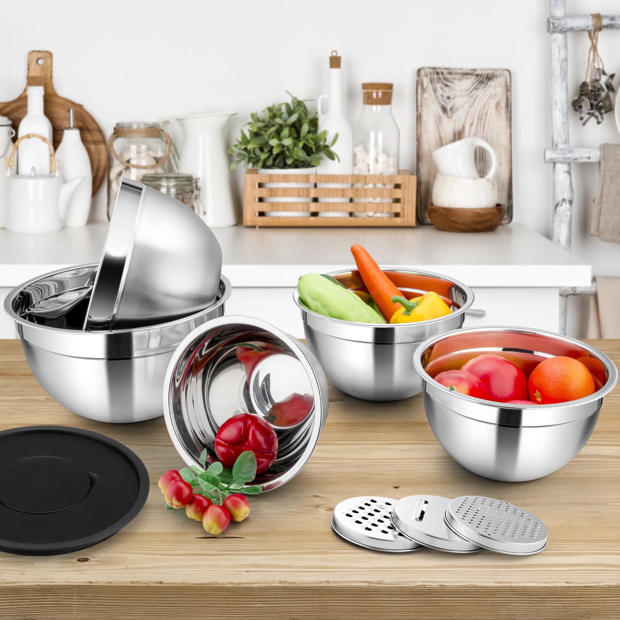 Homikit Lot de 5 Saladier avec Couvercles, Grand Bol Mélangeur en Acier Inoxydable avec Râpe, Empilable Saladiers INOX de 0.7L-4.6L, Bol Multifonction pour la Cuisson, Lavable au Lave-Vaisselle, Noir