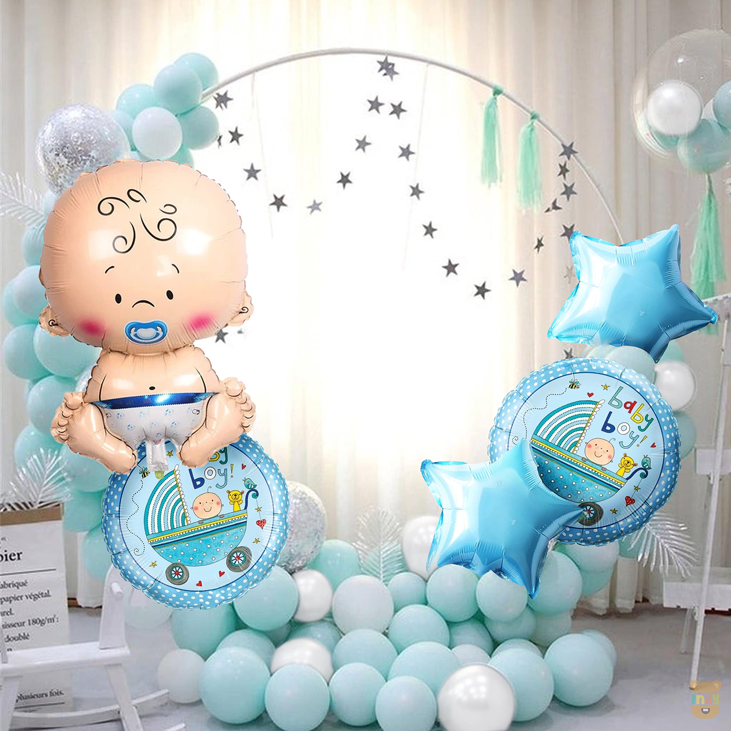 ITAF Set Of 35 Pcs -15 White,blue Pastel Balloons,2 Printed Both Side Baby boy,2 blue star,A New Little Prince Foil Balloon For Kids New Born Baby Theme
