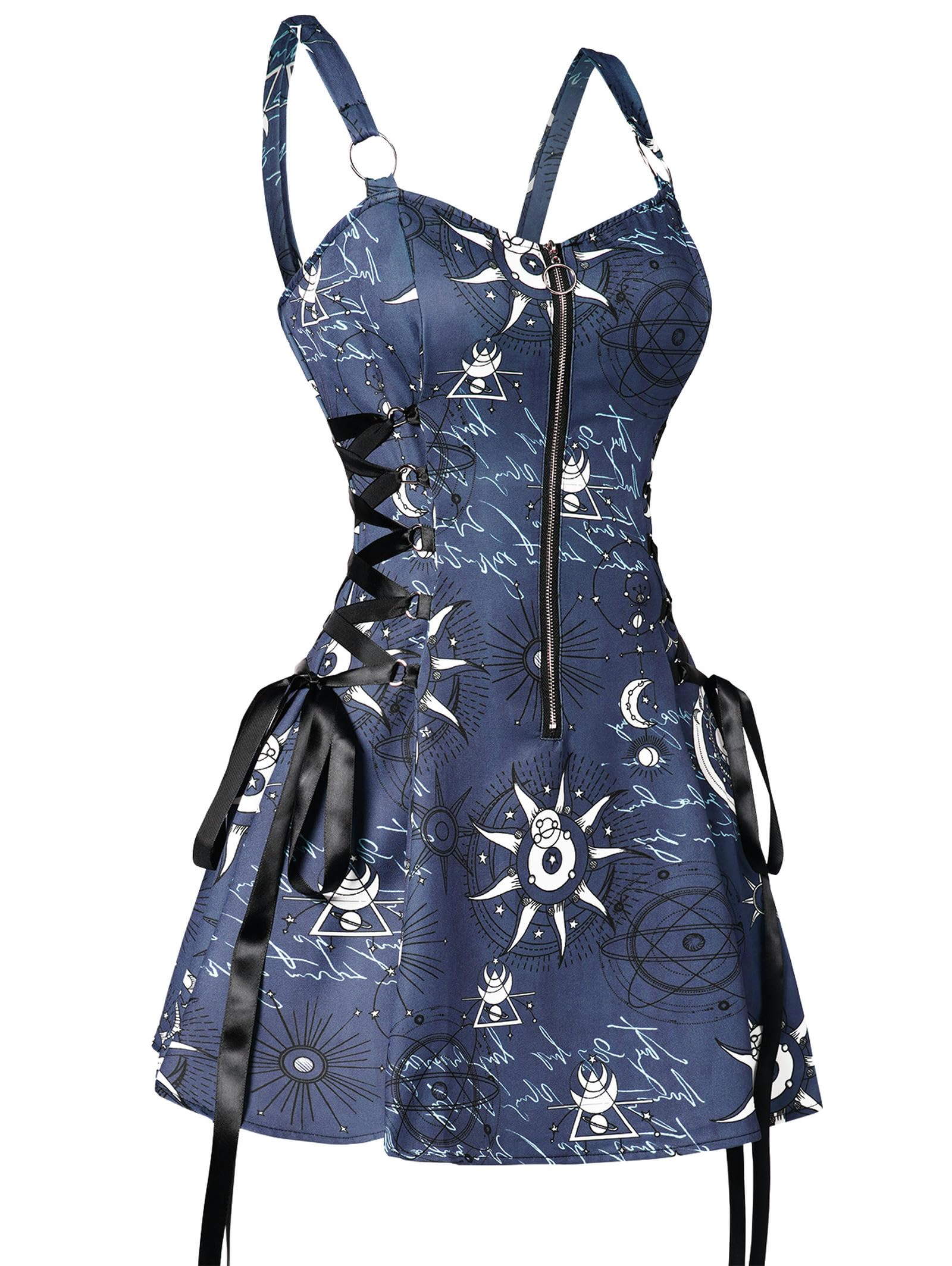 Mini Robe à Lacets imprimé Soleil céleste et Lune, débardeur Gothique d'été à col carré pour Femmes, Noir 9801-XL