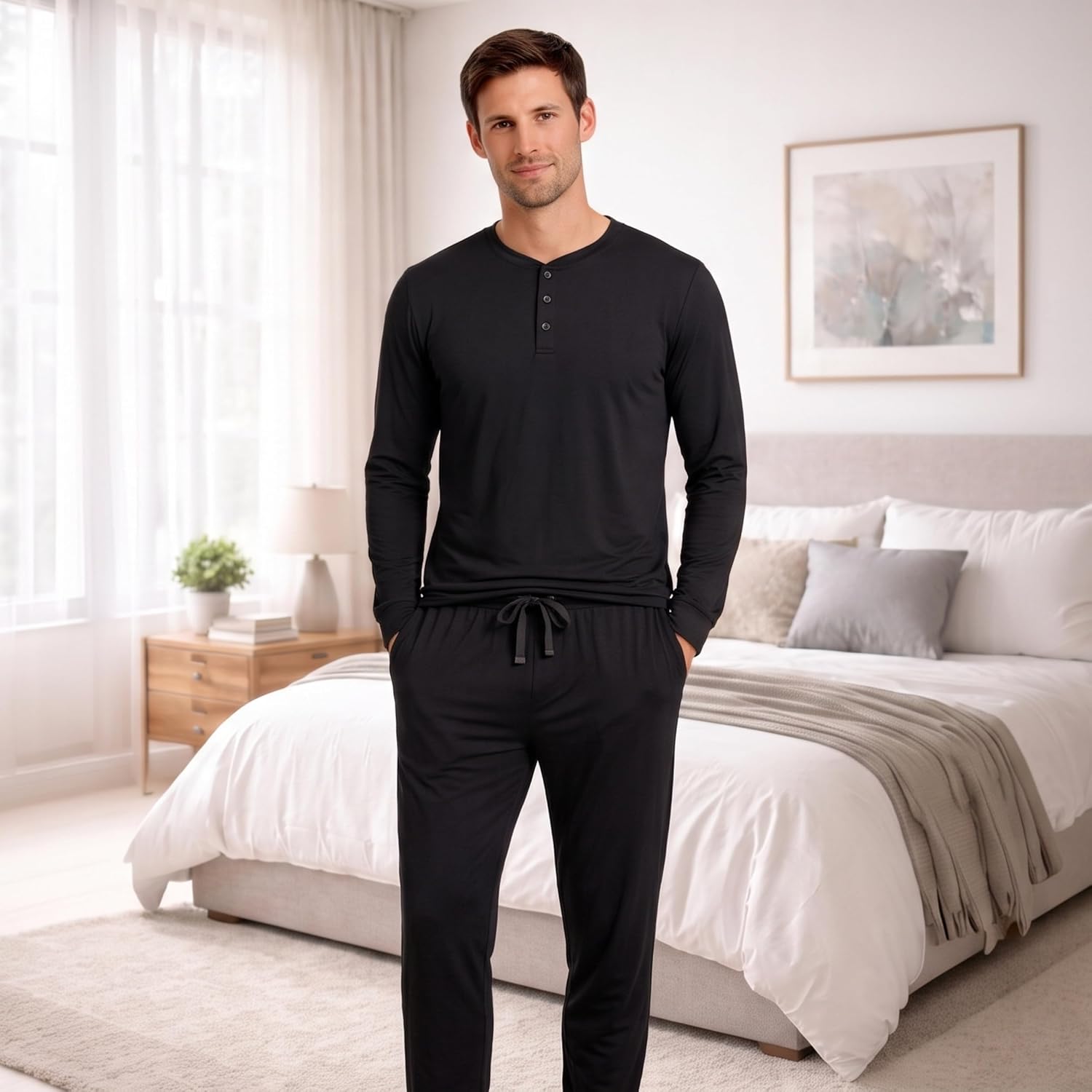 #followme Men's 2-Piece Ultra Soft Pajama Set, Long Sleeve Henley & Joggers