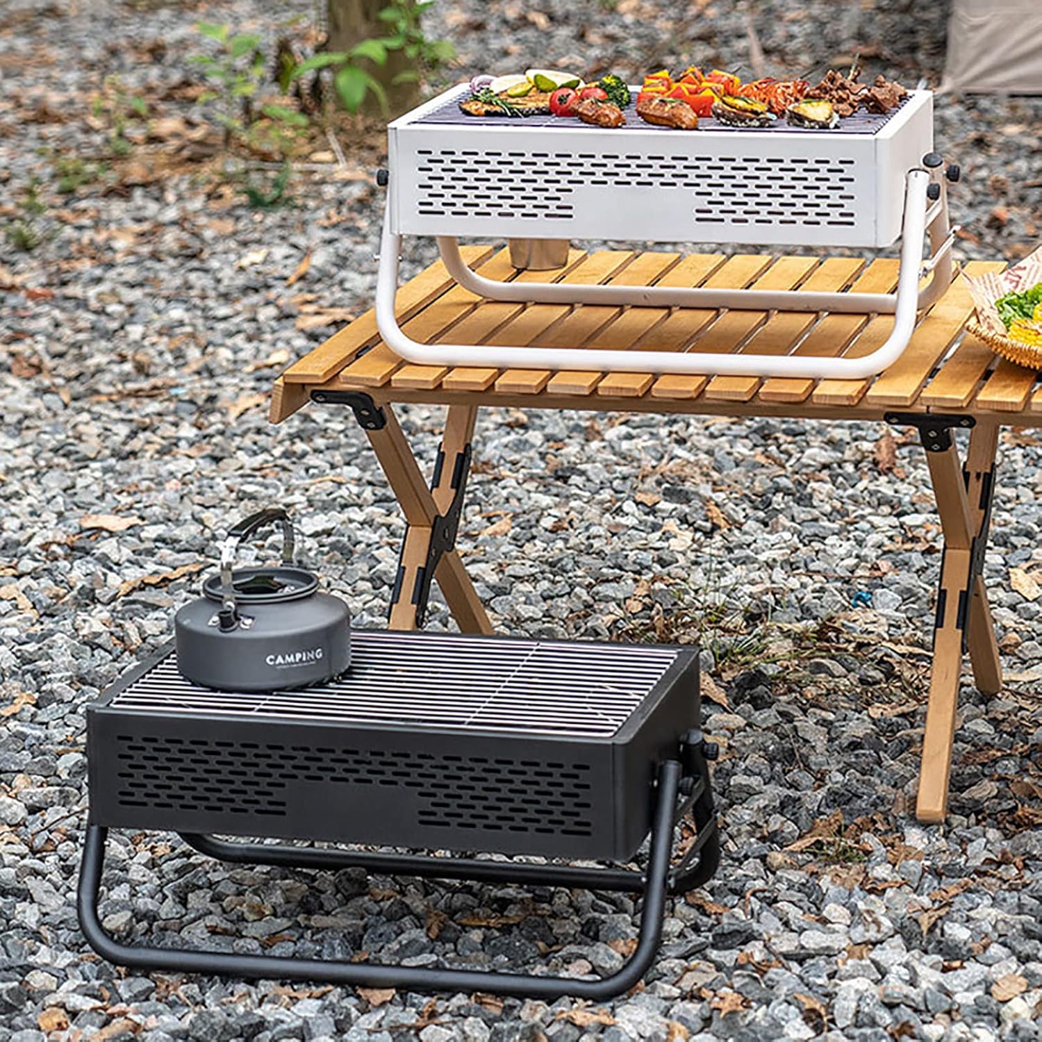 Portable Charcoal Grill Stainless Steel Folding Outdoor BBQ Compact Foldable Grill Tabletop Outdoor Grill for Outdoor Camping Hunting Trip Picnics Fishing BBQ B White