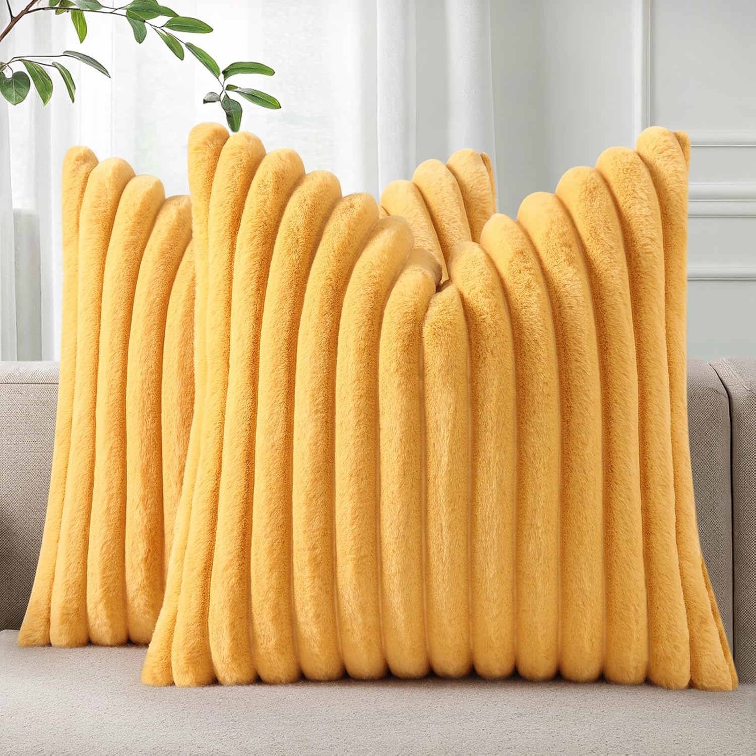 Homaxy Kunstfell Kissenbezug 2er Set | Deko Weich Flauschige Gestreift Kissenhülle, Plüsch Sofakissen Dekokissen Couchkissen für Wohnzimmer Schlafzimmer Sofa