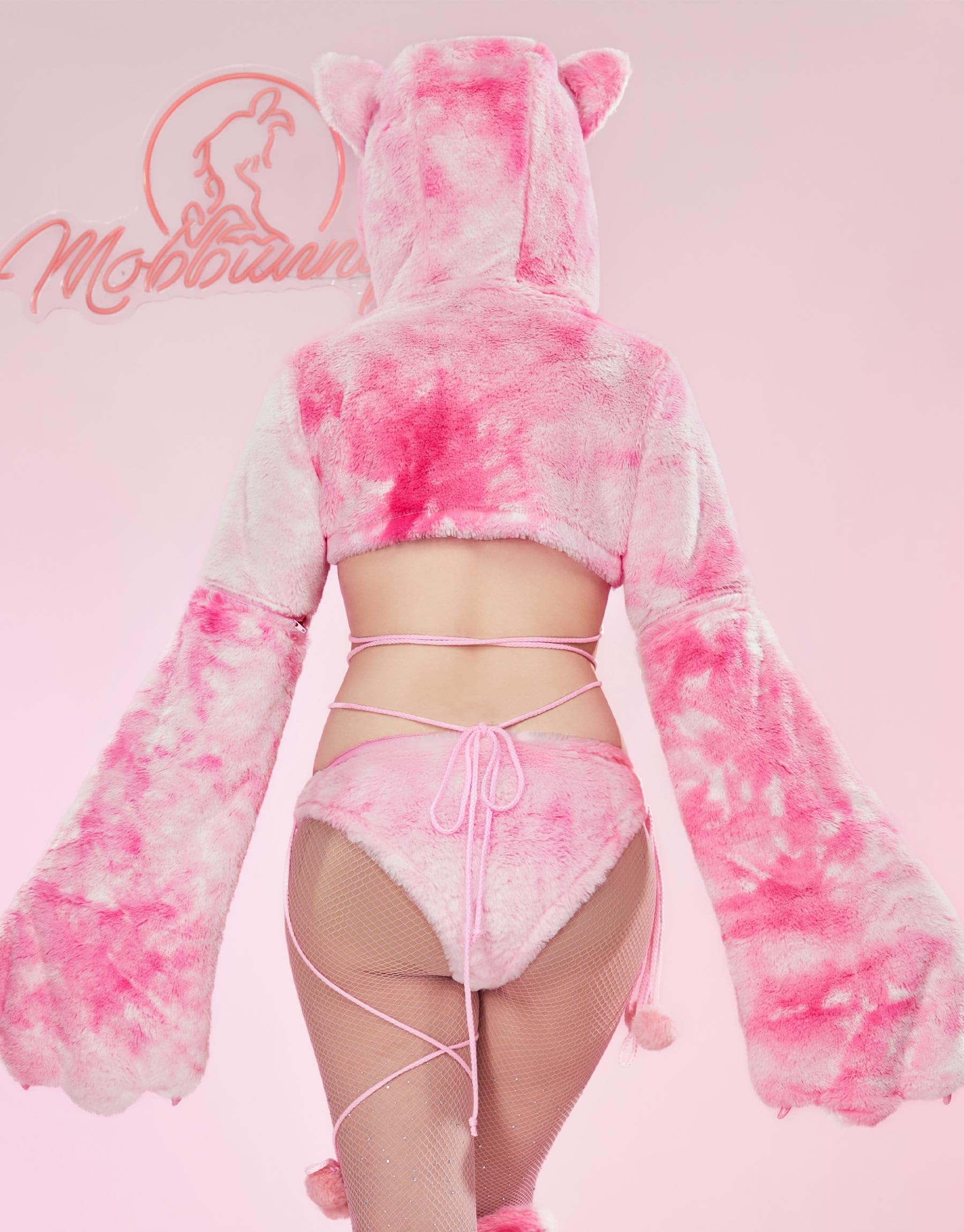 Mobbunny Women Cosplay Pajamas Set Pink Furry Hoodie Top Panty with Cat Paw Claws Sleeves Homewear: Small Pink