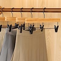 Vista 5 de TOPIA HANGER Perchas para pantalones, paquete de 10 perchas de bambú con clips negros y gancho giratorio, perchas duraderas de madera natural