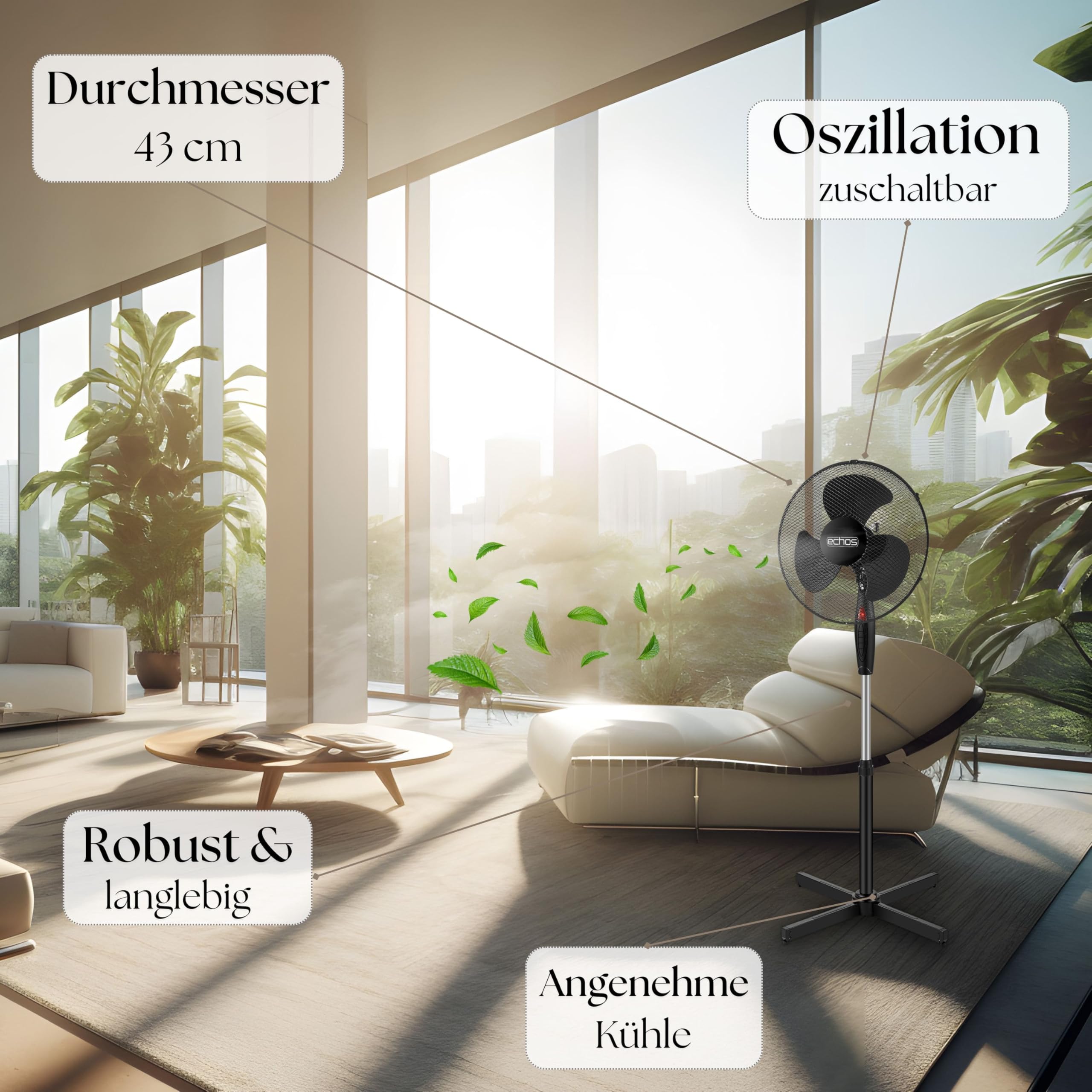Echos® Standventilator Ø43cm kraftvoller Ventilator sehr leise energiesparend hoher Luftdurchsatz 3 Stufen Oszillationsfunktion 90° höhenverstellbar Bodenventilator mobiler Luftkühler Standlüfter