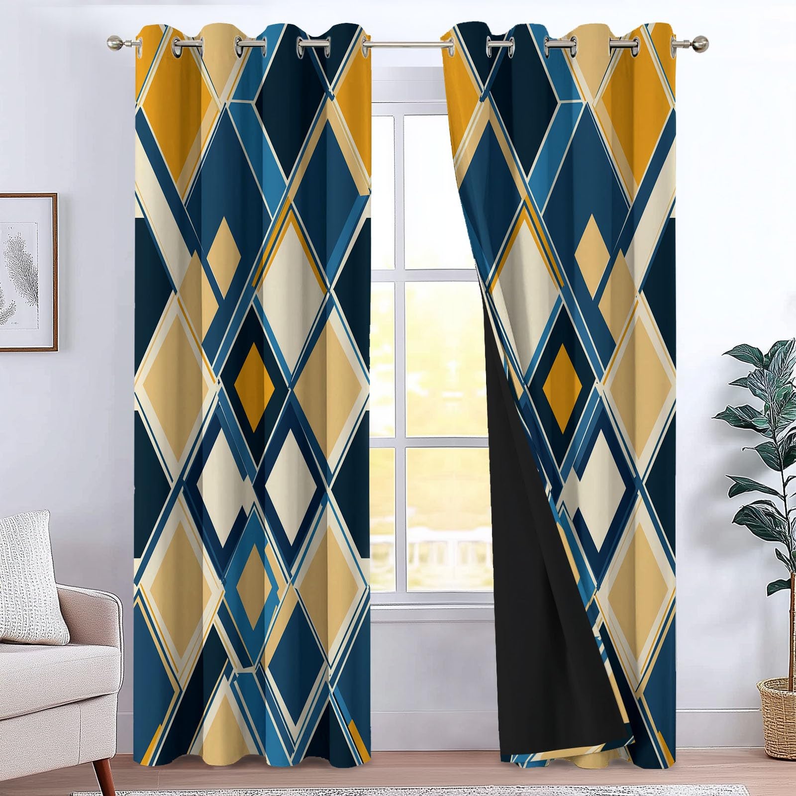 Rideaux occultants bleu losange géométrique L140 x H160 cm lot de 2