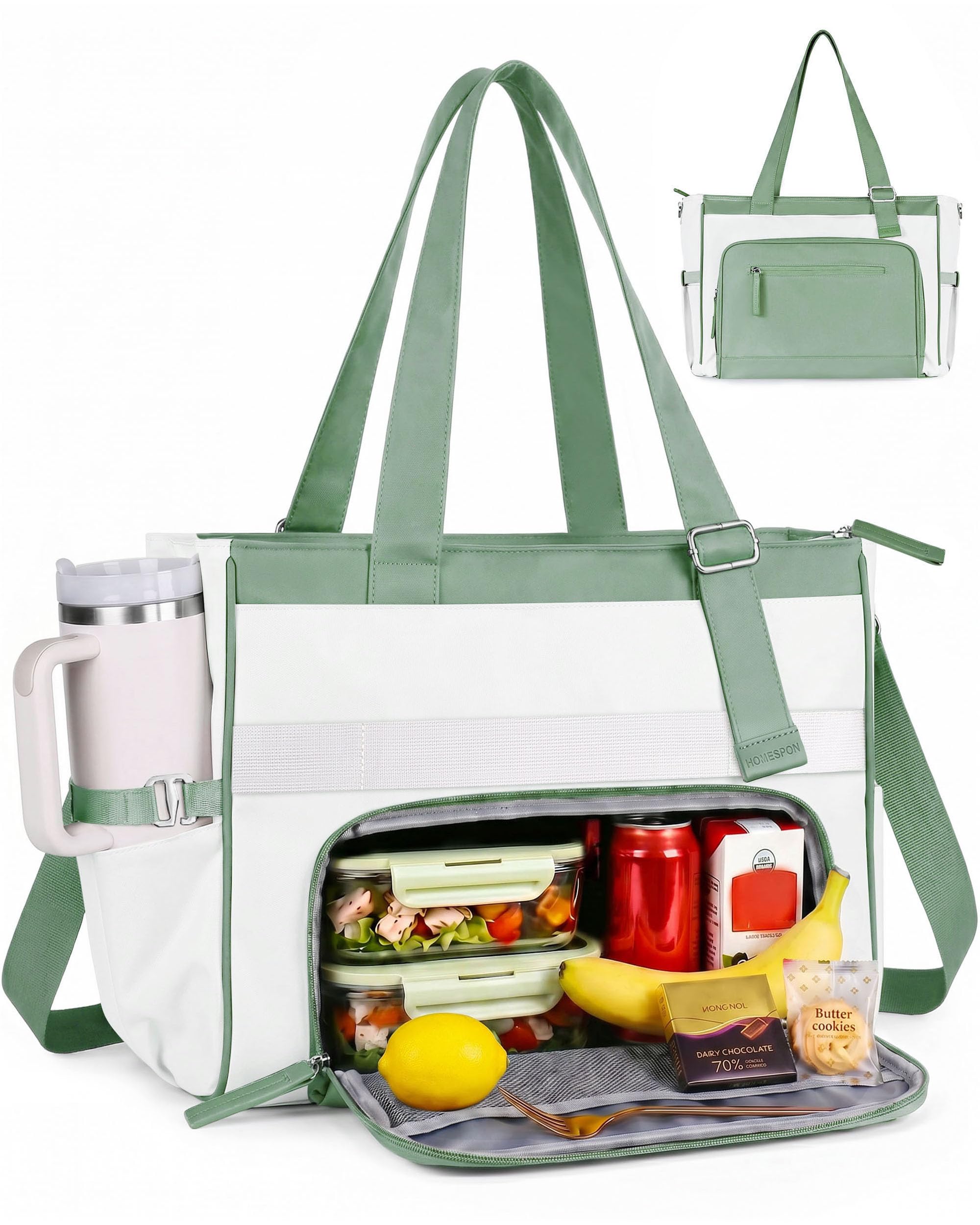 HOMESPON Lunch Bag for Women Insulated Lunch Tote with Laptop Compartment Large Work Tote Fits 15.6'' Laptop 3-in-1 Lunch Bag with Cup Holder Shoulder Strap (Beige Green)