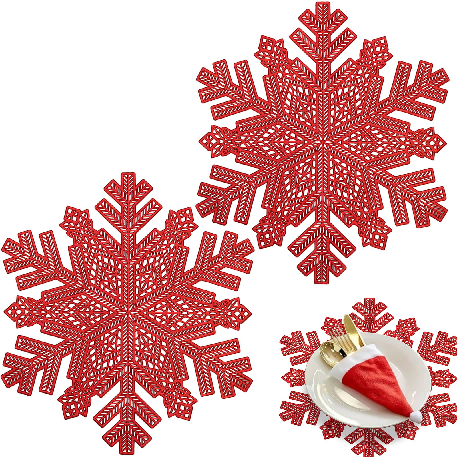 POPOYU 2 Piezas Manteles Individuales Navidad,38cm Rojo Copo de Nieve Mantel Individual Navideño,PVC Lavables Antideslizantes Resistente Salvamanteles Navideños Decoraciones(C)