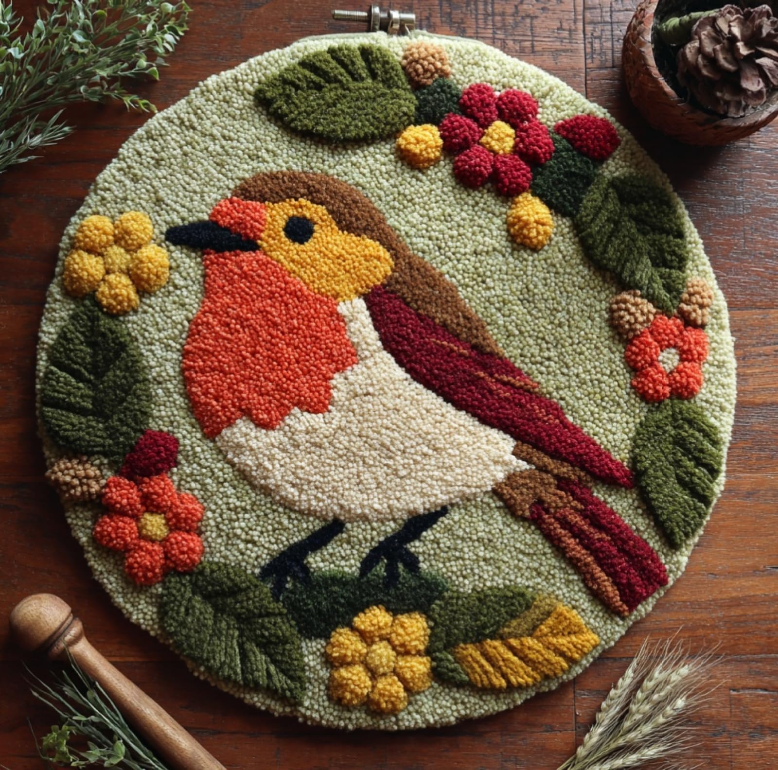 WallustrioaW Latch Hook Rug Kits for Adults,Robins and Flowers,Crochet Kits for Beginners,DIY Cross Stitch Cushion Craft with Yarn and Crochet Hook,50x50cm