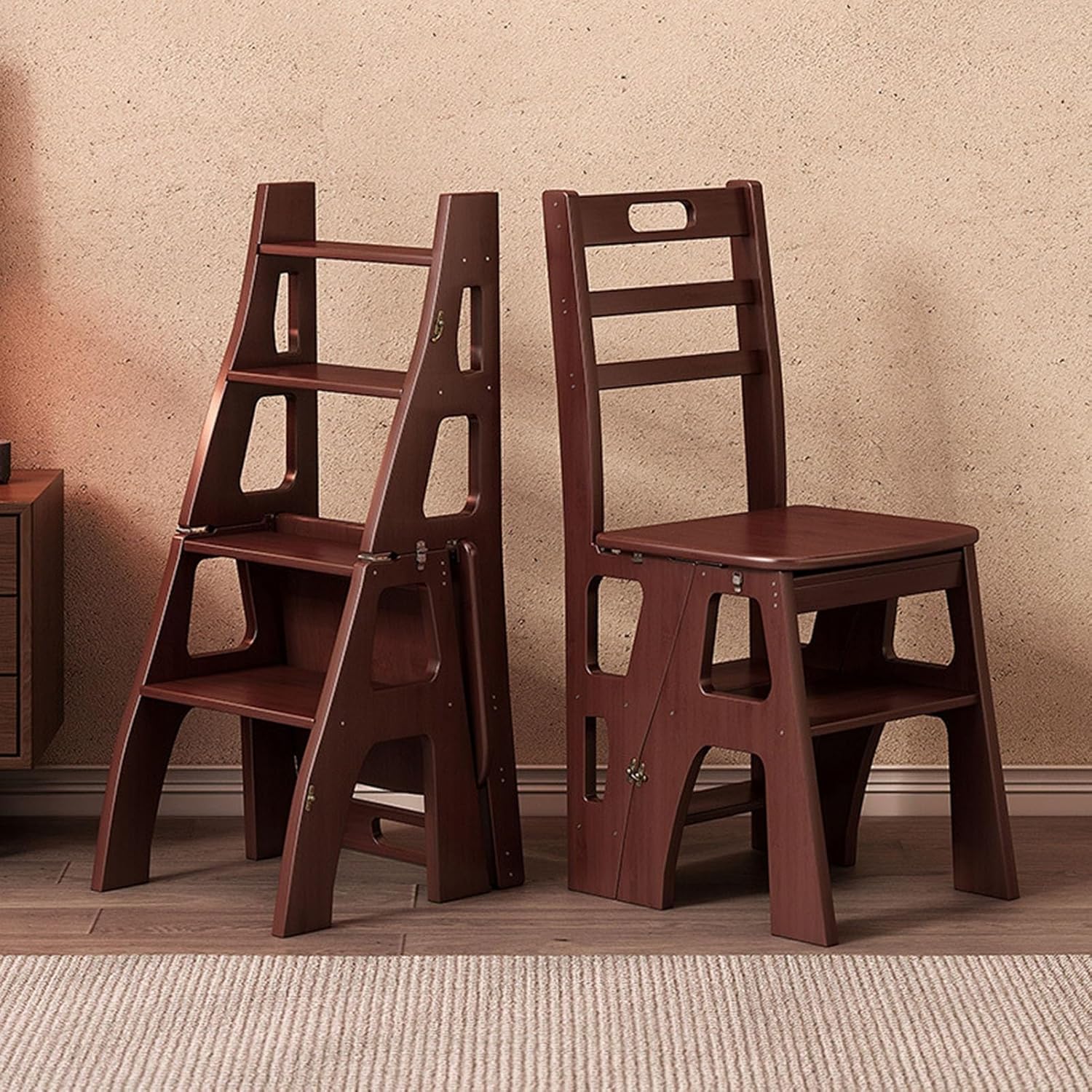 Folding Step Ladder Chair, 4 Step Wooden Convertible Step Stool Chair, Multifunctional A-Frame Ladder Chair for Home, Kitchen, Office, Load-Bearing 440lbs, Dark Walnut