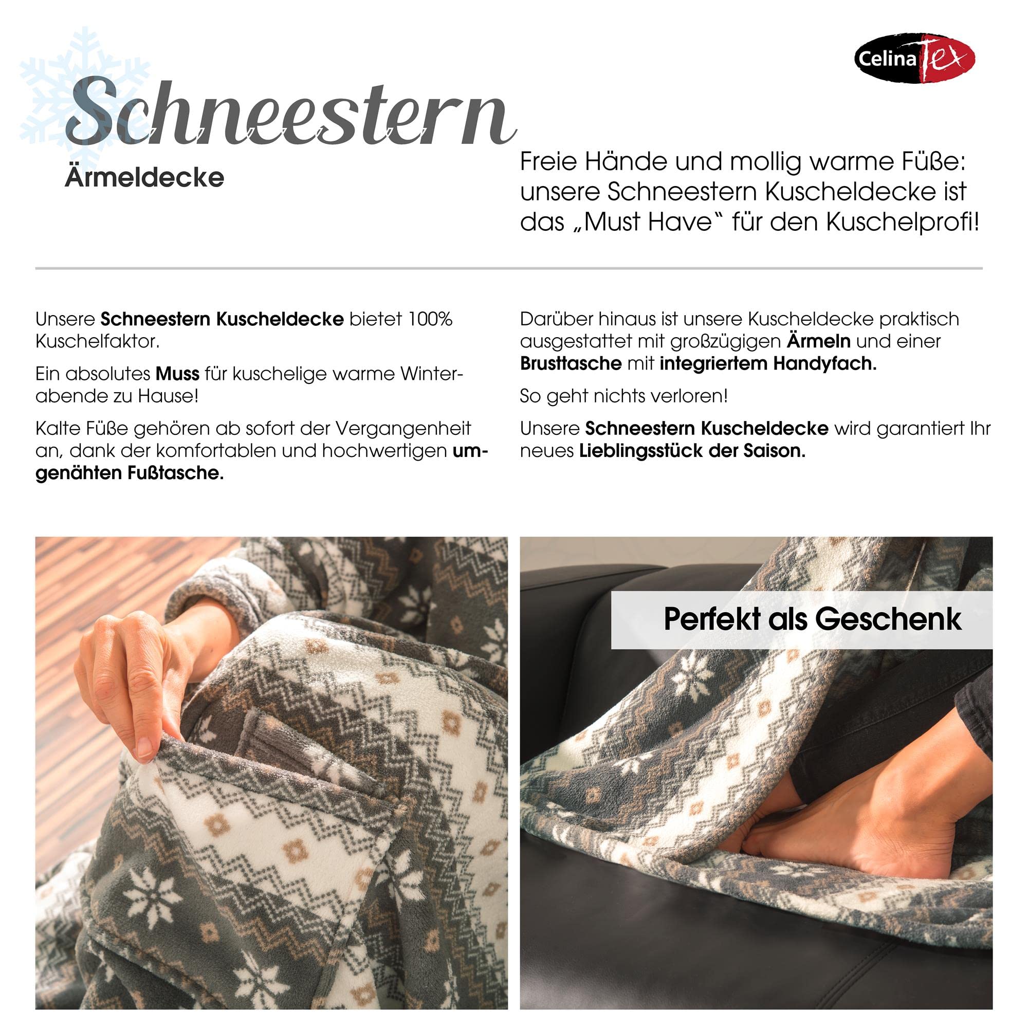 CelinaTex Decke mit Ärmeln und Fußtasche Flauschige Kuscheldecke XL 170 x 200 cm Taupe und Creme weiß Mikrofaser Fleece Oeko-TEX Schneestern – Ansicht 7