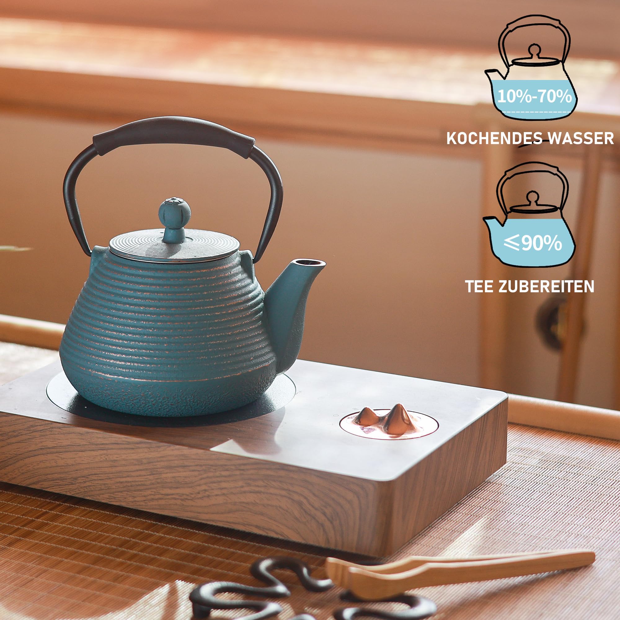 Teiera in ghisa, 950 ml, bollitore per tè e caffè, cassaforte con infusore per tè e caffè, teiera giapponese fatta a mano rivestita con interno smaltato, manico in silicone, 950 ml, blu