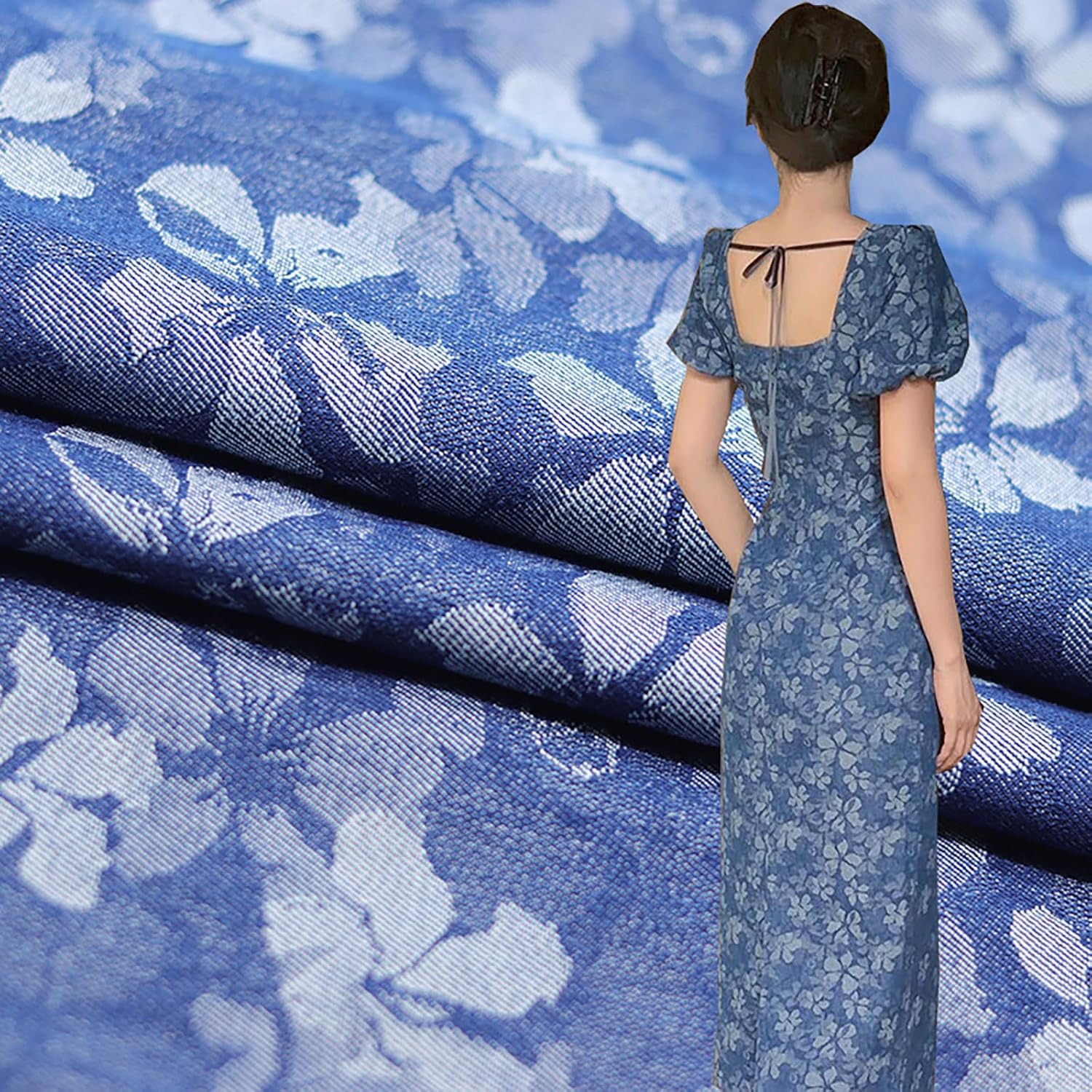 Cotton Washed Denim Fabric By The Yard 170cm×100cm Printed Floral for DIY Crafts Jeans Dress T-Shirt Shirting Material Sewing Costume Sewing Quilting Decoration(Color:Light Blue)
