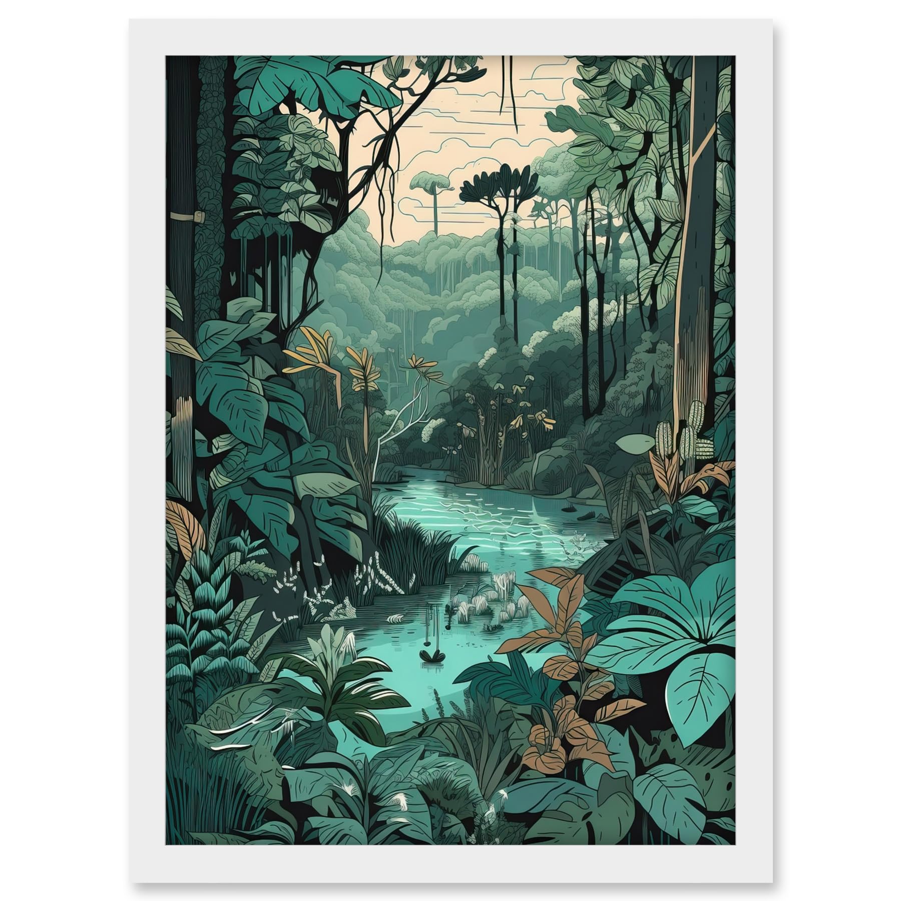 Artery8 Amazon Rainforest Flora Landscape Illustration Artwork Framed A3 Wall Art Print