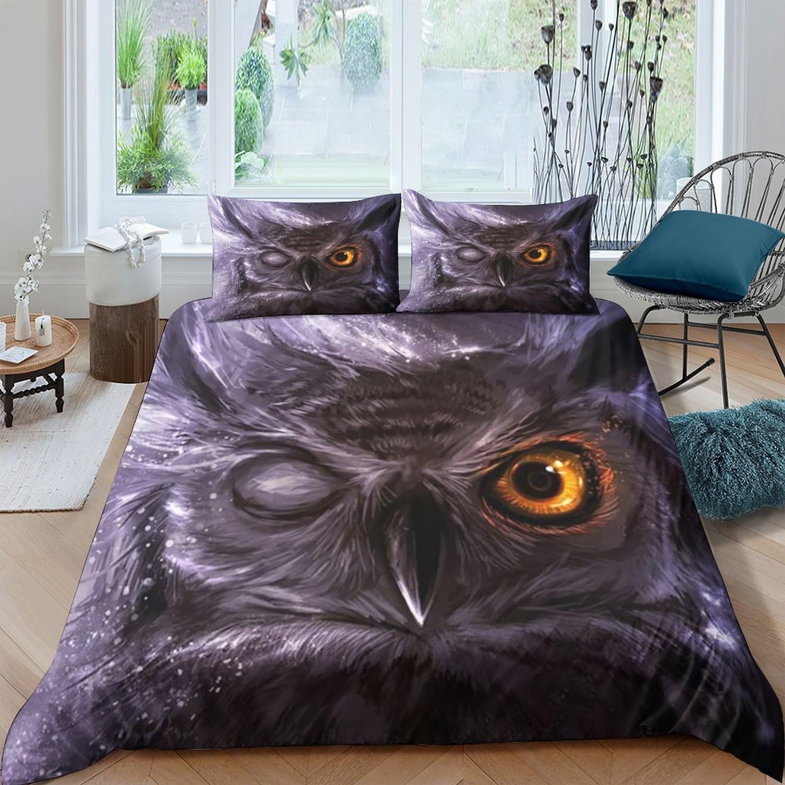 Ctjqhvkz Style-1 3D Printed Realistic Owl Eye Fitted Sheet Microfiber Soft Black Feather Pattern Mattress Cover Bedroom Decor Single（135X200cm）
