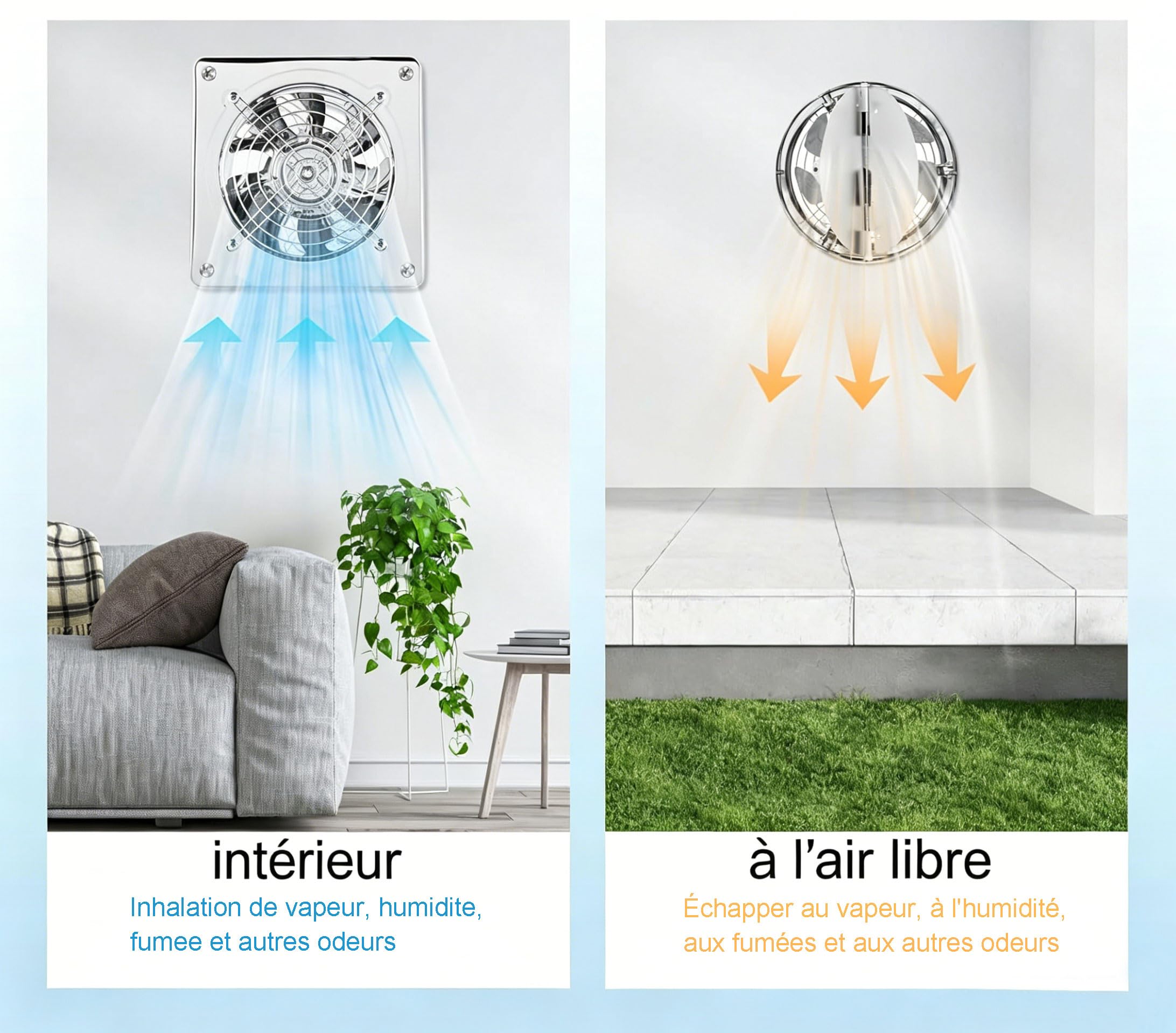 Ventilateur Extraction 200mm Ventilateur Mural 1050m³/h, Ventilateur Extracteur d'air Silencieux avec Clapet Anti-Retour, avec EU Plug pour Bureau Grenier Garage Cuisine Salle de Bain Comble