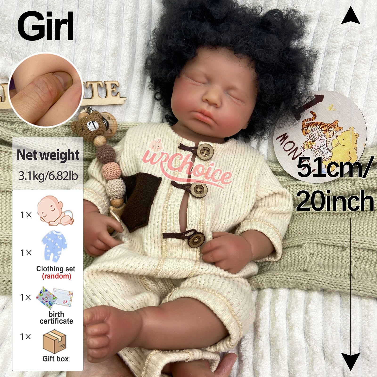 Muñeca Bebé Reborn Silicona 51 cm con Boca Abierta,Cabello implantado