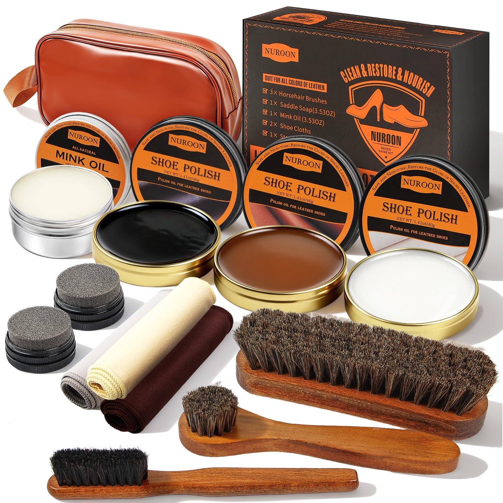 13Pcs Shoe Care Kit for Men & Women,3 Horsehair Shoe Polish Brush,Black Brown Neutral Mink Oil for Shoes,Care for Leather Boots, Shoe Cleaning Kit as Gift for Men with Shine Sponges & Care Cloth